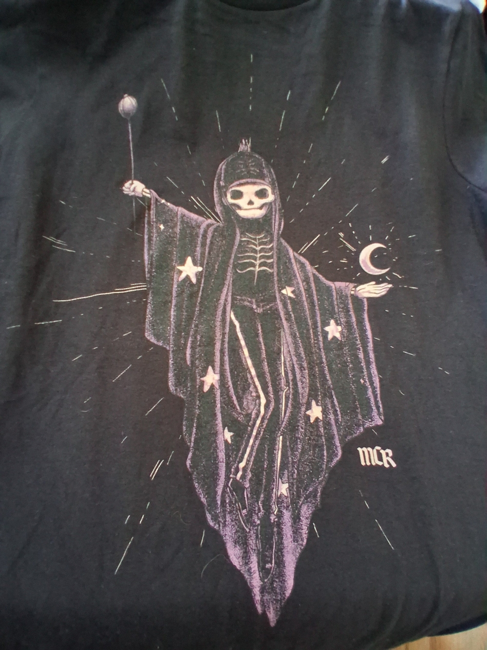 Black Graphic Tee with Purple Skeleton Wizard Design